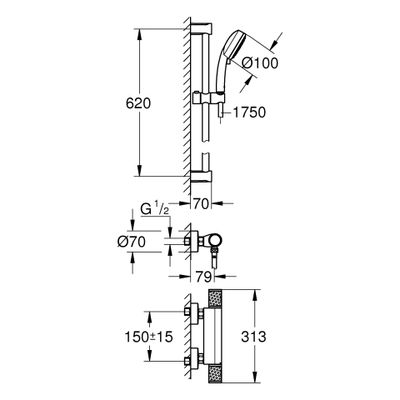 Grohe THM-Brausebatterie Grohtherm 1000 Performance Brausegrt. 600 mm, Farbe chrom Bild 3