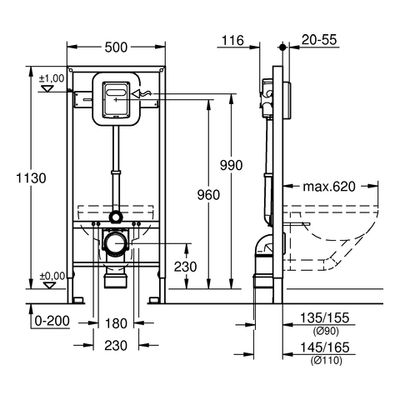 Grohe WC-Element Rapid SL 38519_1 Druckspüler Hand-/elektr. Bet. BH 1,13m, 1130 x 500 mm Bild 3