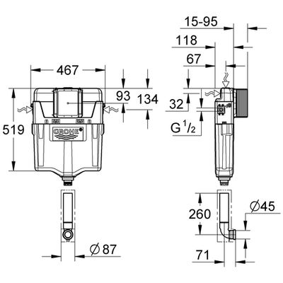 Grohe WC-Spülkasten Wandeinbau 6-9l einstellbar Start / Stopp ohne 2 Mengen, 779 x 467 x 118 mm Bild 3