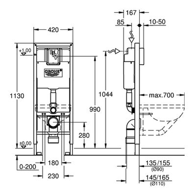 Grohe WC-Element Rapid SL 38675_1 BH 1,13m SPK 6 l behindertengerecht, 1130 x 420 mm Bild 3