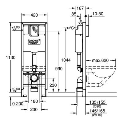 Grohe WC-Element Rapid SL 38713_1 BH 1,13m 0,42 m breit Spülkasten 6 l, 1130 x 420 mm Bild 3