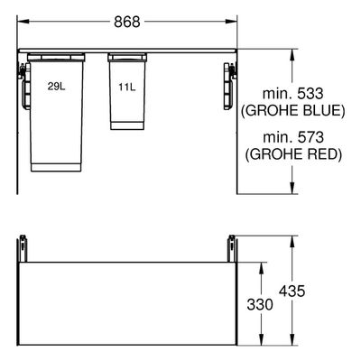 Grohe Mülltrennsystem Blue 90 cm zweifach 1 x 11 - 1 x 29 Liter grau, Farbe blau Bild 2