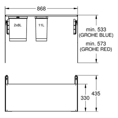 Grohe Mülltrennsystem Blue 90 cm drei fach 2 x 8 Liter - 1 x 11 L grau, Farbe blau Bild 2