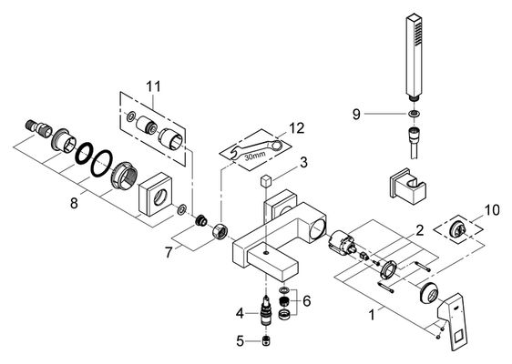 Grohe EH-Wannenbatterie Eurocube Wandmontage Brausegrt. Euphoria Cube, 190 x 200 mm, Farbe chrom Bild 2