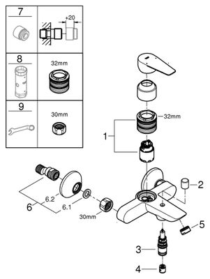 Grohe Einhebel-Wannenbatterie Aufputz, Baüdge, eigensicher, verchromt, 169 mm, Farbe chrom Bild 2
