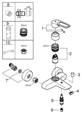 Grohe EH-Wannenbatt. Eurosmart 25241_3 Wandmontage offener Hebel, Farbe chrom Bild 2