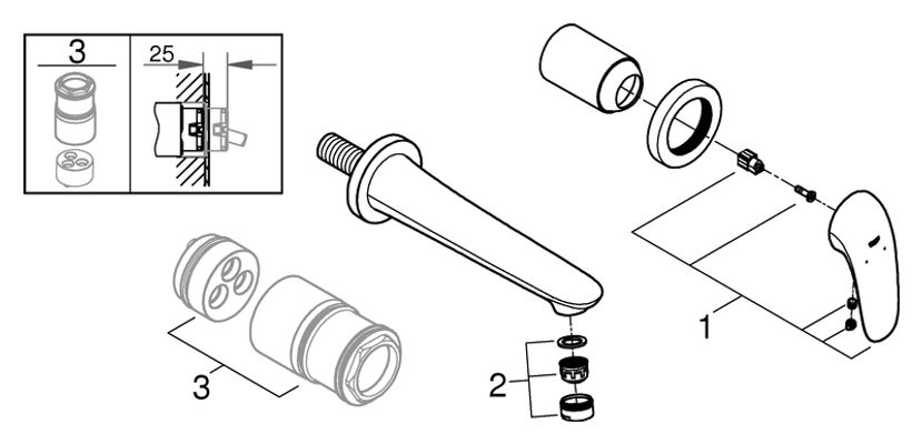 Grohe 2-Loch-WT-Wandbatterie Eurostyle 29097_3 FMS Hebel g. moon white / chrom, Farbe moon white Bild 2