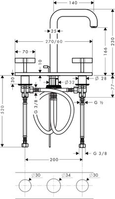 Hansgrohe 3-Loch Waschtischarmatur Axor Citterio, mit Platte u.Kreuzgriffen, Farbe chrom Bild 8