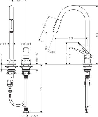 Hansgrohe 2-Loch Spültischmischer Axor Citterio M steel, mit Ausziehbrause, 405 mm, Farbe silber Bild 4