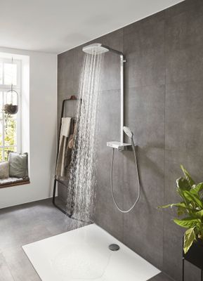 Hansgrohe Showerpipe Raindance Select E300 3jet, KB, HB u.Thermostat AP, weiss, 1218 x 718 x 466 x 386 mm, Farbe chrom Bild 13