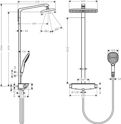 Hansgrohe Raindance Showerpipe Select E360, mit Thermostat, Brausea. 380 mm, weiss / chrom, 1269 x 380 x 559 x 476 mm, Farbe weiß, chrom Bild 3