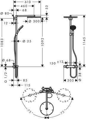 Hansgrohe Raindance Showerpipe S300 1 Jet, mit Thermostat, Brausearm 460 mm, verchromt, 1533 x 460 x 380 x 610 mm, Farbe chrom Bild 3