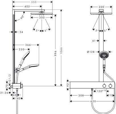 Hansgrohe Showerpipe Raindance E 300 1jet mit ShowerTablet 600, HB+KB, 1468 x 633 x 555 x 555 mm, Farbe chrom Bild 8