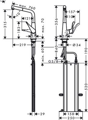 Hansgrohe Spültischmischer 320 Metris M71 Ausziehauslauf 1jet sBox edelstahl-optik, 356 mm, Farbe silber Bild 4