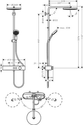 Hansgrohe Showerpipe Pulsify S 260 1-strahlig EcoSmart, mit AP-Brausethermostat, 1137 x 413 x 591 mm, Farbe chrom Bild 12