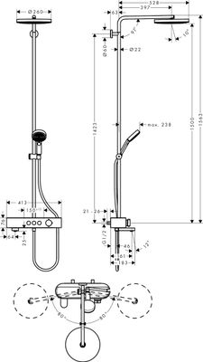 Hansgrohe Showerpipe Pulsify S 260 1jet, mit Wannenthermostat Aufputz, 1536 x 413 x 591 mm, Farbe chrom Bild 13