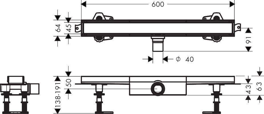 Hansgrohe Komplettset RainDrain Compact 600 mm befliesbar für flache Installation, 191 x 600 x 64 mm Bild 6
