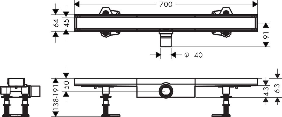 Hansgrohe Komplettset RainDrain Compact 700 mm befliesbar für flache Installation, 191 x 700 x 64 mm Bild 6