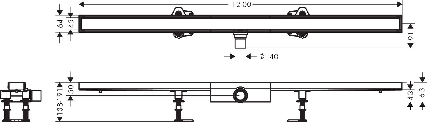 Hansgrohe Komplettset RainDrain Compact 1200 mm befliesbar für flache Installation, 191 x 1200 x 64 mm Bild 6