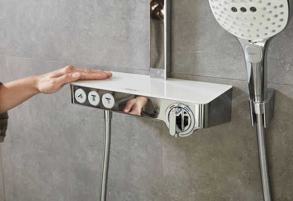 Hansgrohe Showerpipe Raindance Select E300 3jet, KB, HB u.Thermostat AP, weiss, 1218 x 718 x 466 x 386 mm, Farbe chrom Bild 16