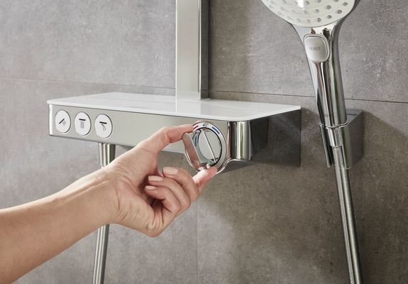 Hansgrohe Showerpipe Raindance Select E300 3jet, KB, HB u.Thermostat AP, weiss, 1218 x 718 x 466 x 386 mm, Farbe chrom Bild 21