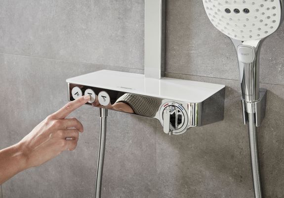 Hansgrohe Showerpipe Raindance Select E300 3jet, KB, HB u.Thermostat AP, weiss, 1218 x 718 x 466 x 386 mm, Farbe chrom Bild 22