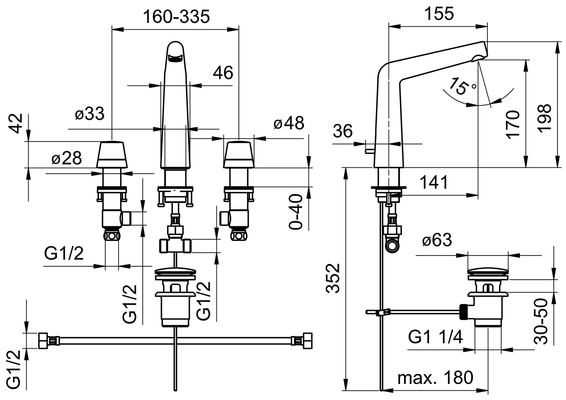 Hansa HA WT-Batt. HANSADESIGNO Style 5105 Zugst.Ablgarn. Ausld. 141 mm chr, DN 15, Farbe chrom Bild 5