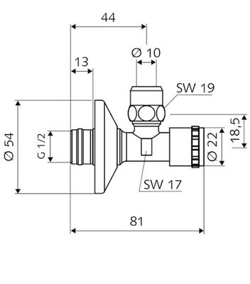 P&M Eckventil 1/2", mit Schubro, Laeng enausgl, selbstd.Ans, DVGW gepr, Farbe chrom Bild 3