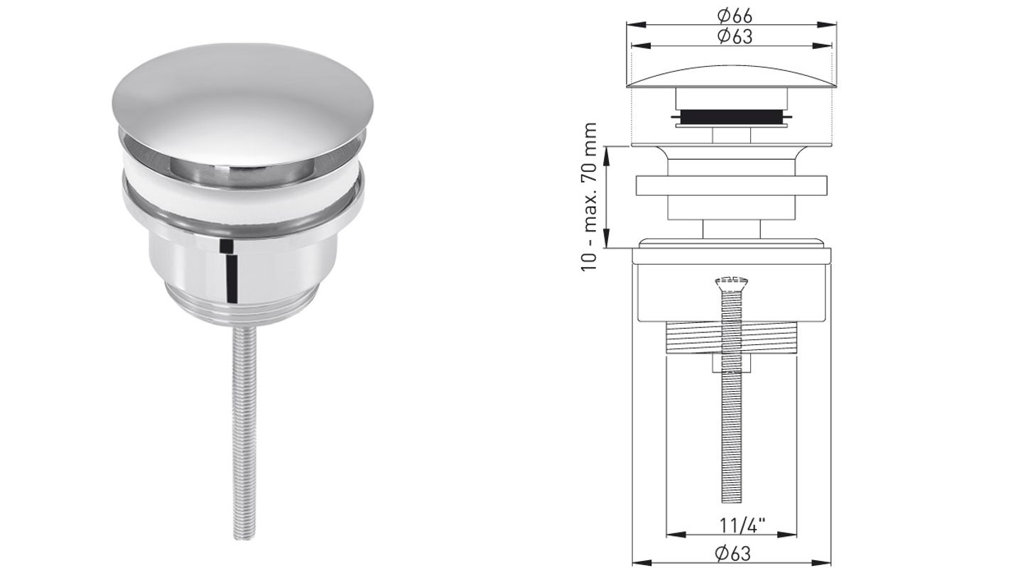 P&M Ablaufventil 1 1/4", Push-Open, 63 mm, Farbe chrom Bild 1