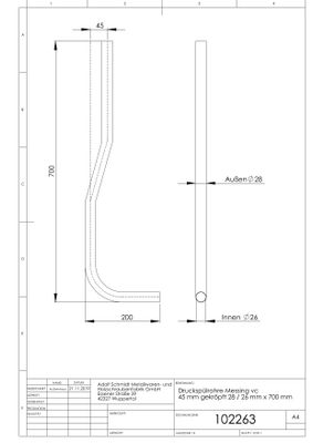 Schmidt Spülrohr für Druckspüler 28 mm verchromt Länge, mit Kröpfung 45 mm, 700 x 200 mm, Farbe chrom Bild 2