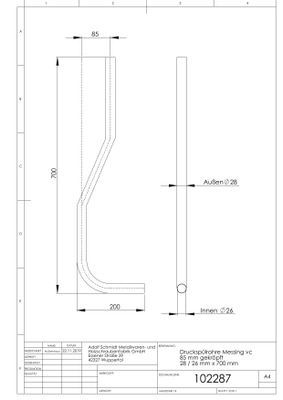 Schmidt Spülrohr für Druckspüler 28 mm verchromt Länge, mit Kröpfung 85 mm, 700 x 200 mm, Farbe chrom Bild 2