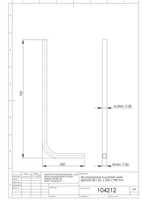 Schmidt Spülrohr für Druckspüler 28 mm weiss Länge gerade, 700 x 250 mm, Farbe weiß Bild 2