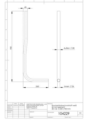 Schmidt Spülrohr für Druckspüler 28 mm weiss Länge, mit Kröpfung 45 mm, 700 x 250 mm, Farbe weiß Bild 2