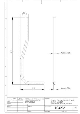 Schmidt Spülrohr für Druckspüler 28 mm weiss Länge, mit Kröpfung 85 mm, 700 x 250 mm, Farbe weiß Bild 2