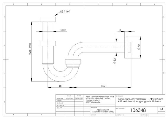 Schmidt Röhrengeruchverschluss 1 1/4" x 32 mm Abgangsrohr 185 mm, ABS verchromt, Farbe chrom Bild 2