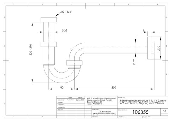 Schmidt Röhrengeruchverschluss 1 1/4" x 32 mm Abgangsrohr 250 mm, ABS verchromt, Farbe chrom Bild 2