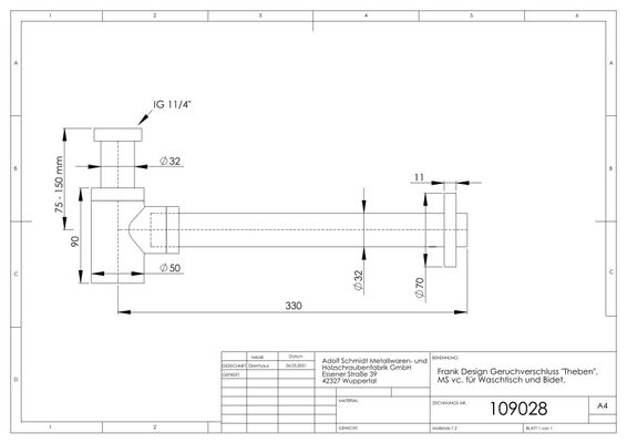 P&M Design-Geruchsverschluss 1 1/4" x 32 mm, für Handwaschbecken, Farbe chrom Bild 2