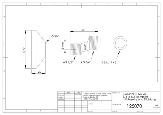 P&M S-Anschluss 1/, 2" x 3 / 4", mit Schraubrosette, Verstellbereich: 13 mm, Farbe nickel Bild 2