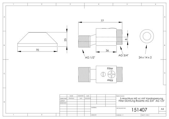 P&M S-Anschluss 1/, 2" x 3 / 4", mit Schraubrosette, absperrbar, Verstellbereich: 10 mm, Farbe chrom Bild 2