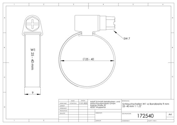 Schmidt Schlauchschelle verzinkt 25 - 40 mm, Bandbreite 9 mm, Farbe grau Bild 2