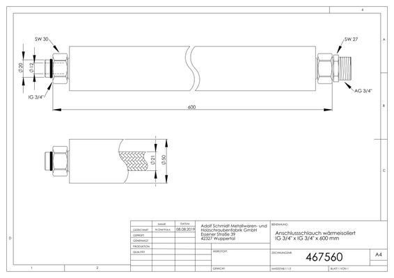 Schmidt Flexibles Anschlussrohr für Exafill 3/4" x 600 mm, 50 x 600 mm Bild 3