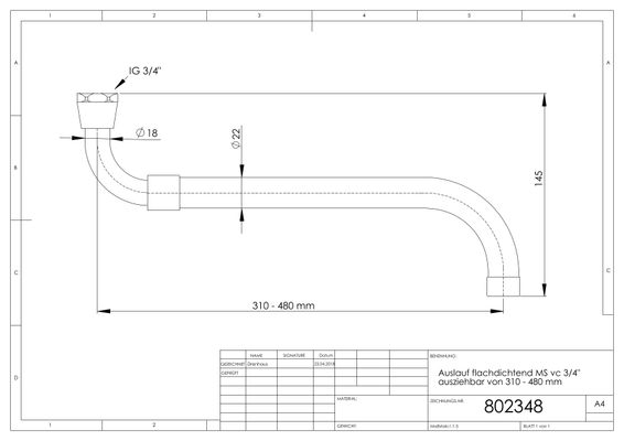 Schmidt Universal S-Auslauf ausziehbar 3/4" Ausladung 280 - 480 mm, Farbe silberfarben Bild 2