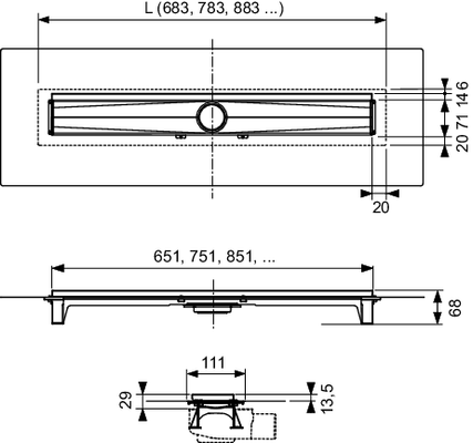 Tece drainline-Evo Rinne, mit WFA, 800 mm befestigte Seal System Dichtmanschette, 68 x 793 x 111 mm, Farbe silber Bild 5