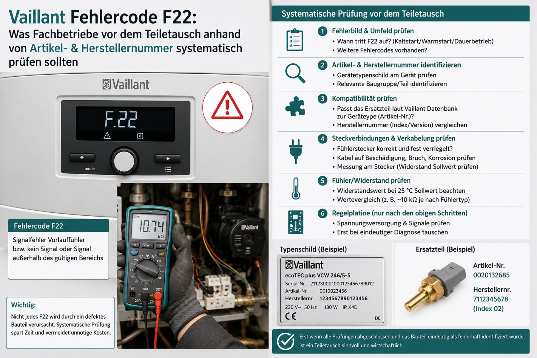 Vaillant Fehlercode F22: Was Fachbetriebe vor dem Teiletausch anhand von Artikel- & Herstellernummer systematisch prüfen sollten