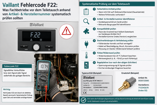 Vaillant Fehlercode F22: Was Fachbetriebe vor dem Teiletausch anhand von Artikel- & Herstellernummer systematisch prüfen sollten